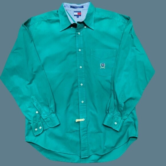 Tommy Hilfiger Vintage 90s Forest Green Button Front Shirt Cotton Men's Size XL - Picture 1 of 8